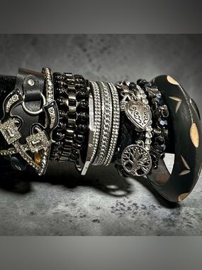 Custom Bracelet Stack Black Leather Silver Rhinestone Tree of Life Goth